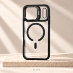 Black Metal Camera Magnetic Case — clear back with fold-out camera stand