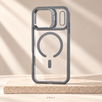 Gray Metal Camera Magnetic Case — clear back with fold-out camera stand