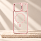 Pink Metal Camera Magnetic Case — clear back with fold-out camera stand
