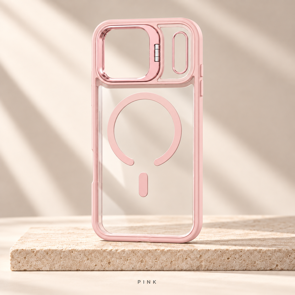 Pink Metal Camera Magnetic Case — clear back with fold-out camera stand