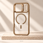 Gold Metal Camera Magnetic Case — clear back with fold-out camera stand