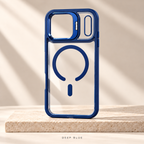 Deep Blue Metal Camera Magnetic Case — clear back with fold-out camera stand