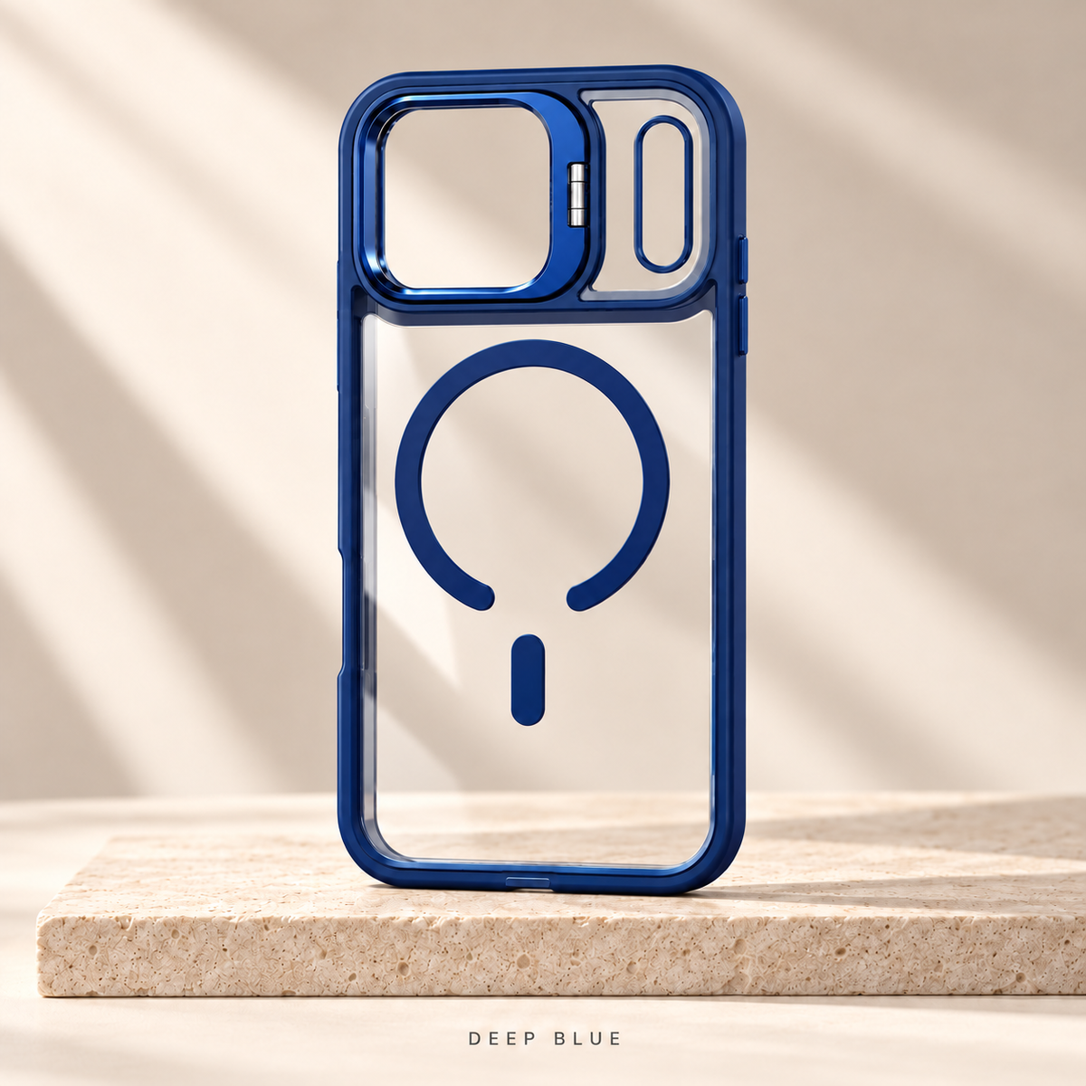 Deep Blue Metal Camera Magnetic Case — clear back with fold-out camera stand