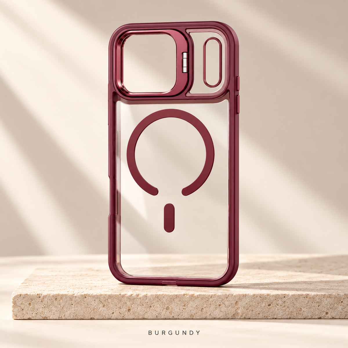 Burgundy Metal Camera Magnetic Case — clear back with fold-out camera stand