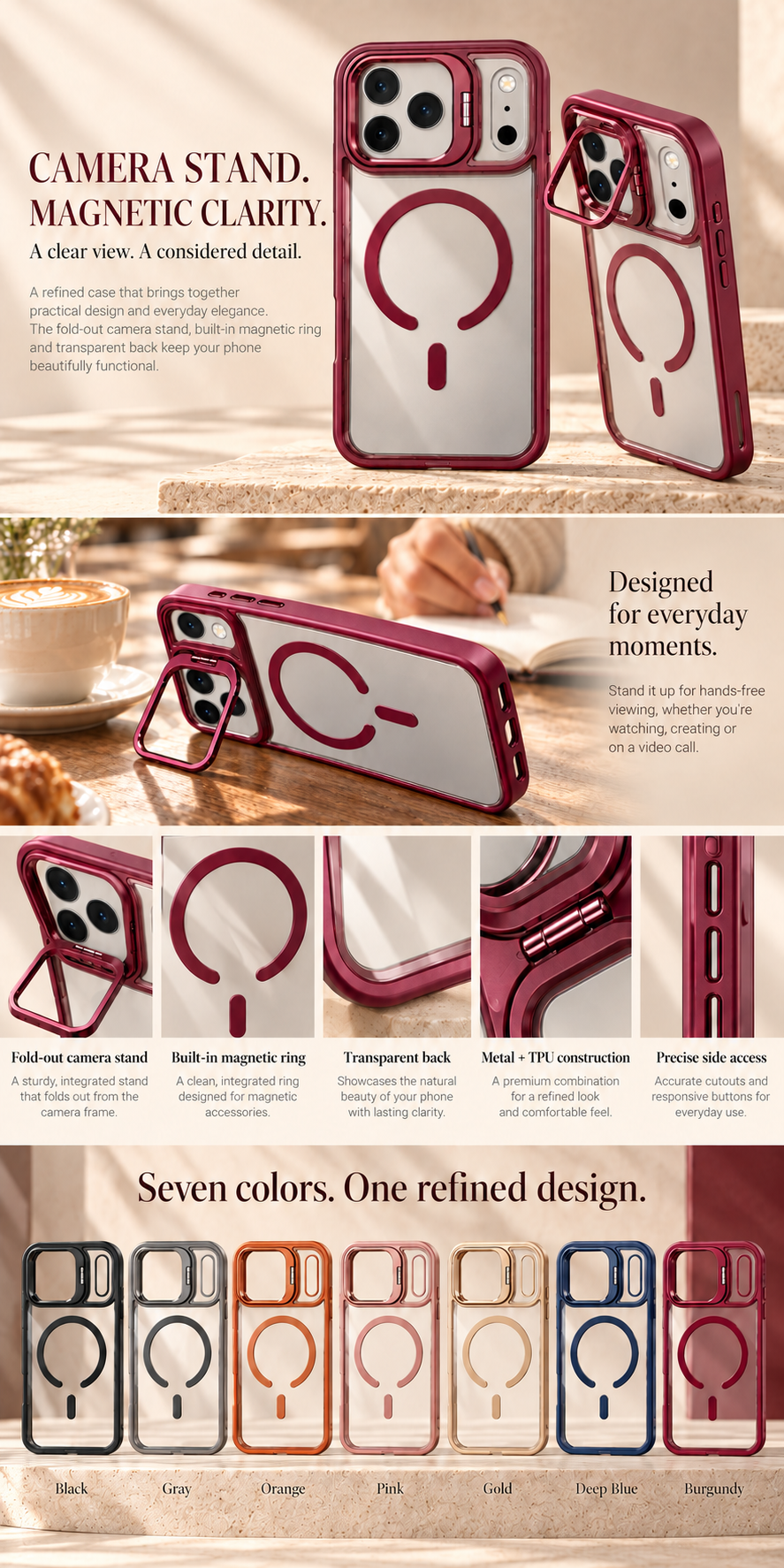 ASUS adol Metal Camera Magnetic Case for iPhone — Fold-Out Stand & Clear Back — product details